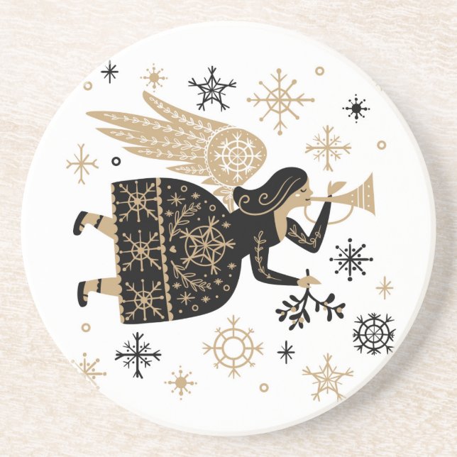 Gold Angel Stars Christmas Carol Folkart Square  Coaster (Front)