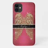 Gold Angel Wings Hot Pink Foil Look Diamond Jewels