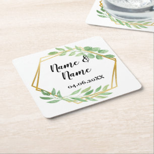 Gold Angular Frame Leaves Coasters Wedding Party