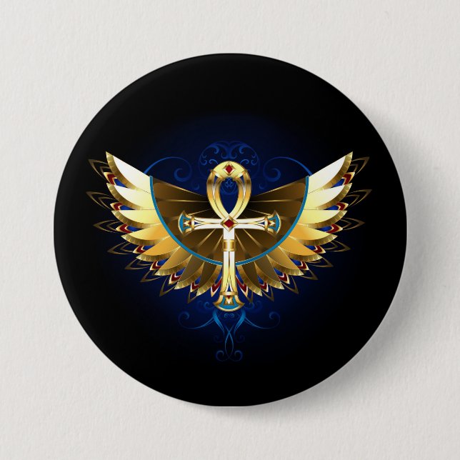 Gold Ankh with Wings 3 Inch Round Button (Front)