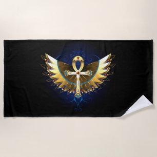 Gold Ankh with Wings Beach Towel