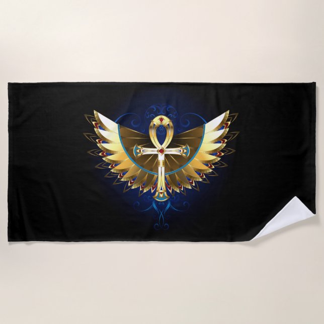 Gold Ankh with Wings Beach Towel (Front)