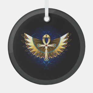 Gold Ankh with Wings Glass Ornament