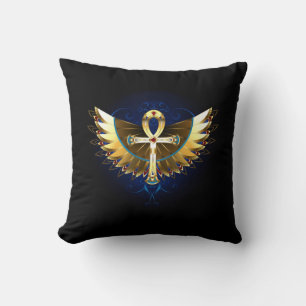 Gold Ankh with Wings Throw Pillow
