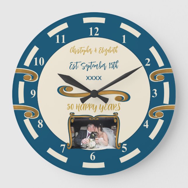Gold Anniversary 50 years add names photo blue Large Clock (Front)