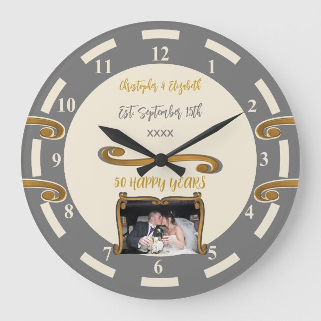 Gold Anniversary 50 years add names photo grey Large Clock (Front)