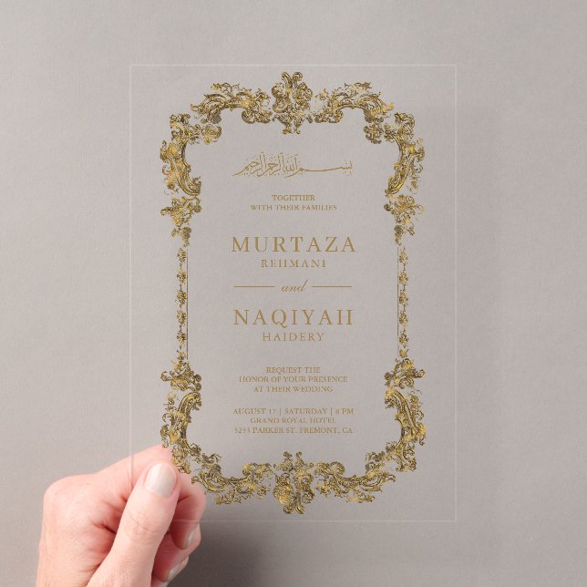 Gold Antique Gilded Frame Muslim Wedding Acrylic Invitations (Insitu (Handheld))