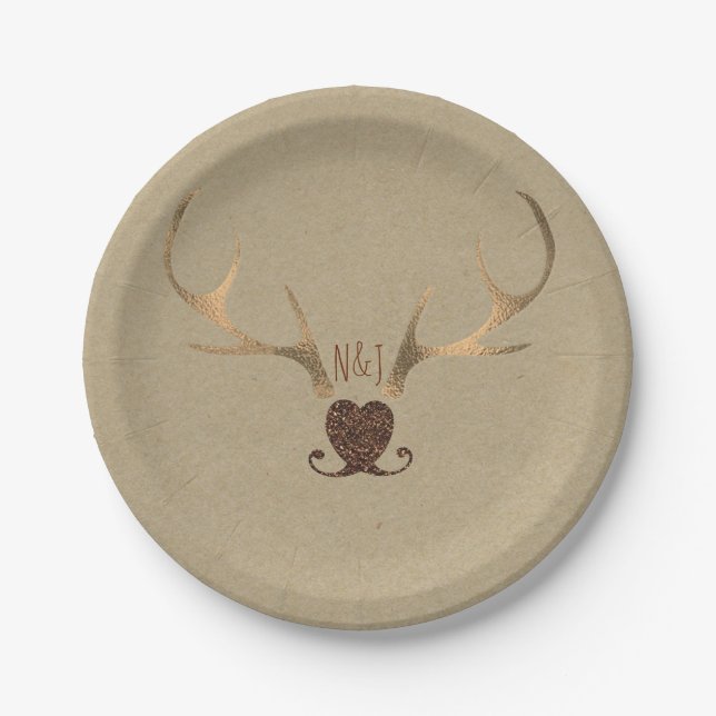Gold Antlers & Brown Paper Rustic Wedding Plate (Front)