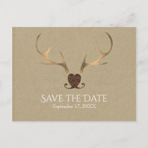 Gold Antlers & Brown Paper Save The Date Announcement Postcard