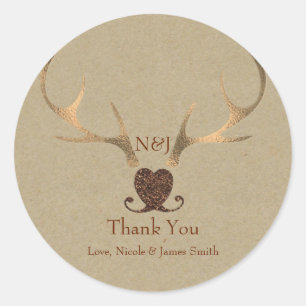 Gold Antlers & Brown Paper Wedding Favour Classic Round Sticker