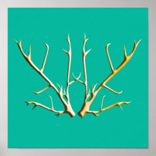Gold Antlers on Teal Poster