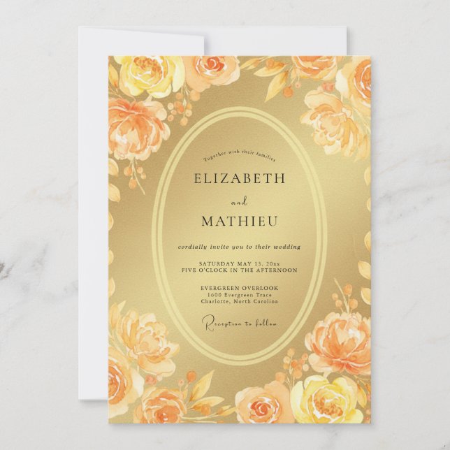 Gold Apricot Peony Wedding Invitation (Front)
