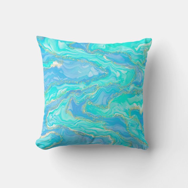 Gold, Aqua and Blue Abstract Throw Pillow (Front)