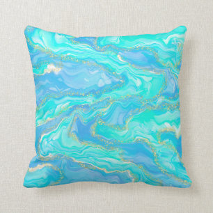 Gold, Aqua and Blue Abstract Throw Pillow