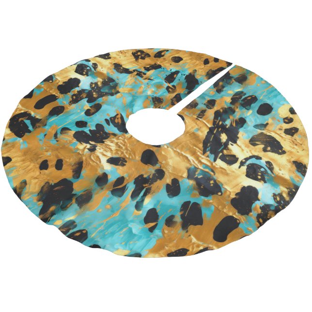 Gold Aqua Black Leopard Animal  Brushed Polyester Tree Skirt (Angled)