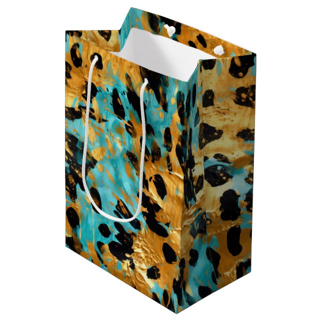 Gold Aqua Black Leopard Animal  Medium Gift Bag (Front Angled)