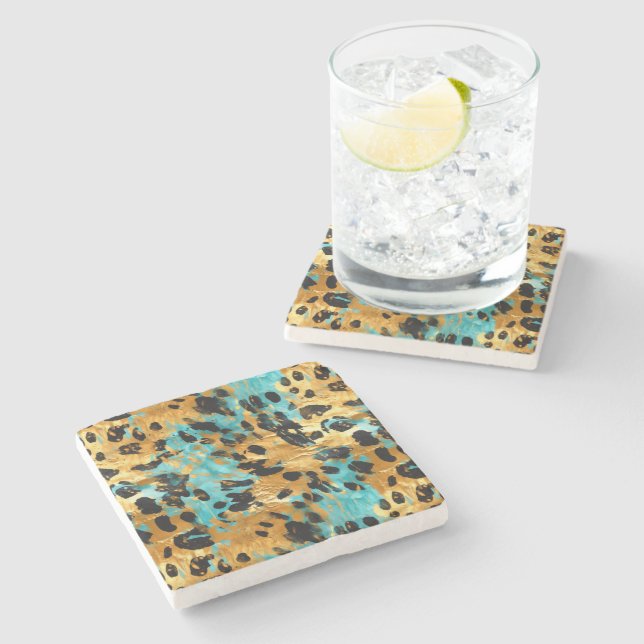 Gold Aqua Black Leopard Animal  Stone Coaster (Side)