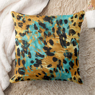 Gold Aqua Black Leopard Animal  Throw Pillow