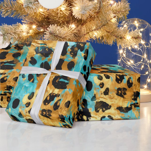 Gold Aqua Black Leopard Animal  Wrapping Paper (Holidays)