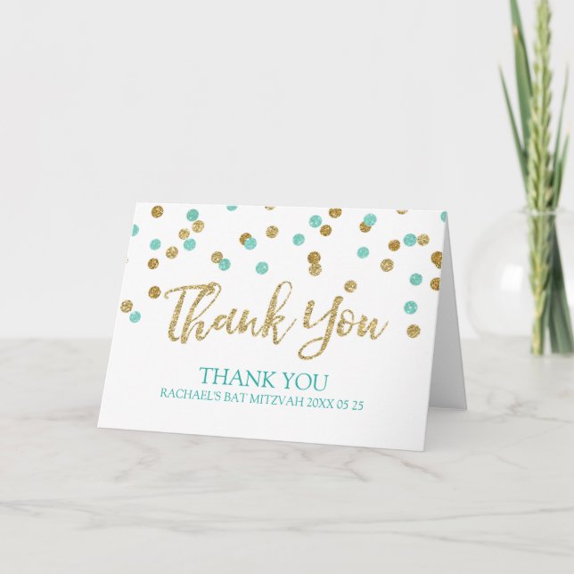 Gold Aqua Blue Confetti Bat Mitzvah Thank You Card (Front)