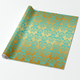 Gold, Aqua Blue Damask Pattern 2 Wrapping Paper
