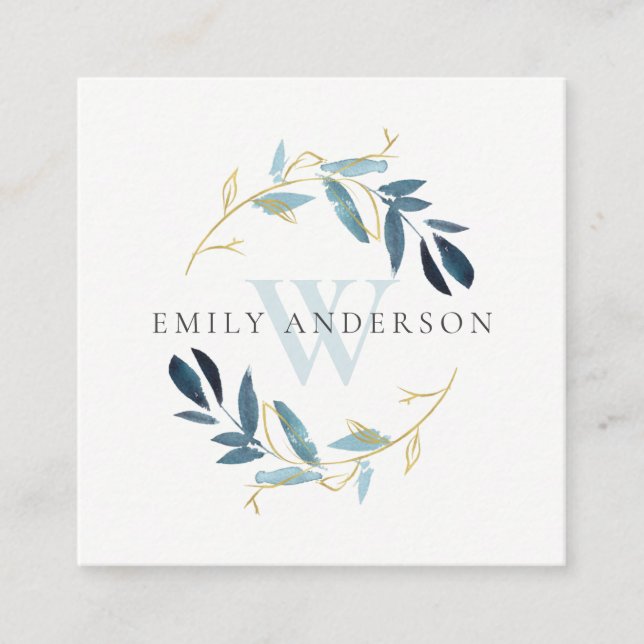 GOLD AQUA BLUE FOLIAGE INITIAL WREATH PROFESSIONAL SQUARE BUSINESS CARD (Front)