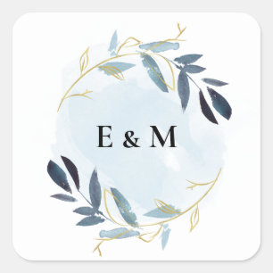 GOLD AQUA BLUE FOLIAGE WATERCOLOR WREATH WEDDING SQUARE STICKER