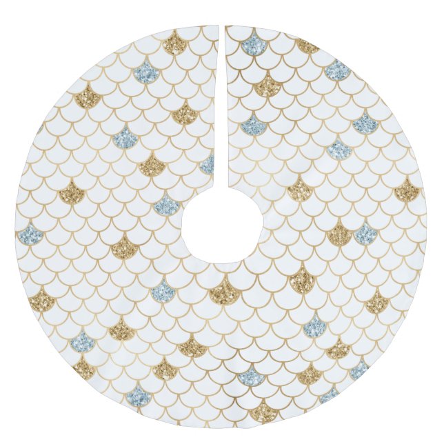 Gold Aqua Blue Glitter Mermaid Brushed Polyester Tree Skirt (Front)