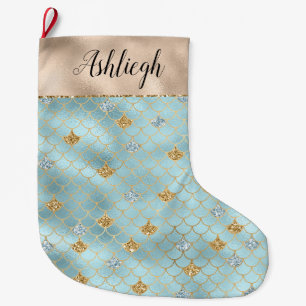 Gold Aqua Blue Glitter Mermaid Sparkle Large Christmas Stocking