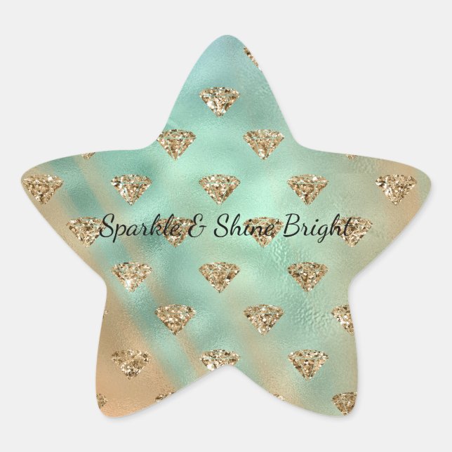 Gold Aqua Glam Glitter Diamonds  Star Sticker (Front)