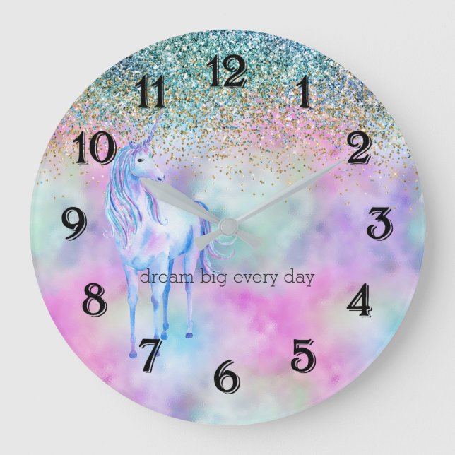 Gold Aqua Glitter Purple White Unicorn Sparkle     Large Clock (Front)