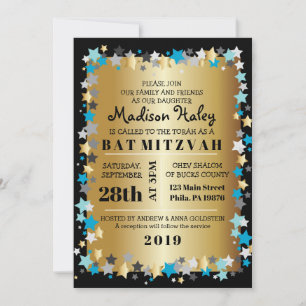 GOLD Aqua Gold Stars Bar Bat Mitzvah Invitation