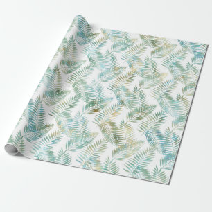 Gold Aqua Green Tropical Leaves Birthday Wrapping Paper