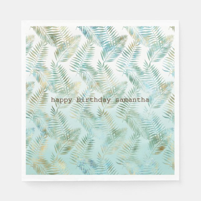 Gold Aqua Green Tropical Leaves Napkin (Front)