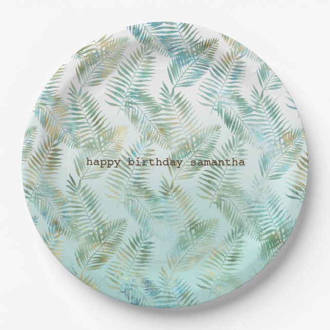 Gold Aqua Green Tropical Leaves Paper Plate (Front)