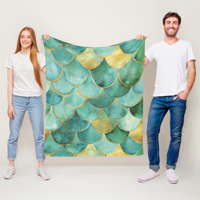 Gold Aqua Mermaid Scale Watercolor Pattern Fleece Blanket (In Situ)