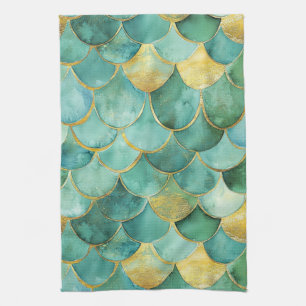 Gold Aqua Mermaid Scale Watercolor Pattern Kitchen Towel