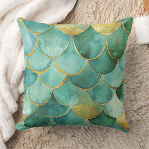 Gold Aqua Mermaid Scale Watercolor Pattern Throw Pillow