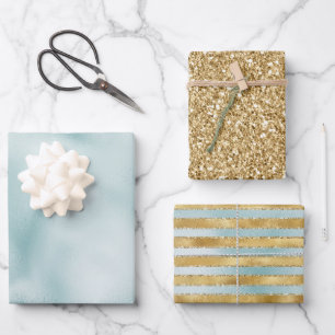 Gold Aqua Mint Glitter Stripes Wrapping Paper Sheet