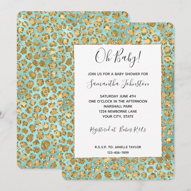 Gold Aqua Mint Glitz Glitter Leopard Invitation (Front/Back)