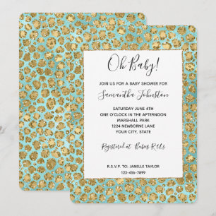 Gold Aqua Mint Glitz Glitter Leopard Invitation
