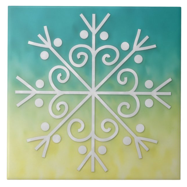 Gold Aqua Ombre Snowflake Winter Holiday Tile (Front)