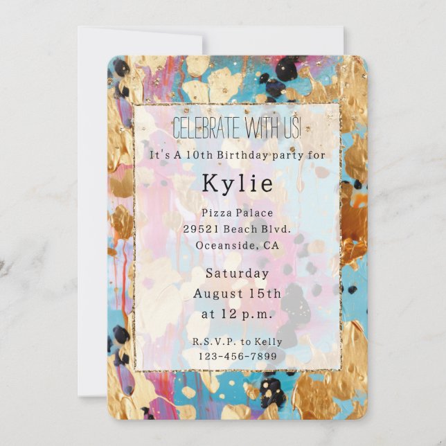 Gold Aqua Pink Abstract Leopard Invitation (Front)