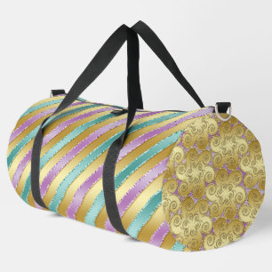 GOLD AQUA & PURPLE SATIN STRIPE LOOK PATTERN DUFFLE BAG