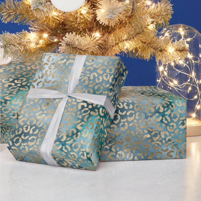 Gold Aqua Teal Blue Leopard Print Wrapping Paper (Holidays)