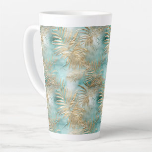 Gold Aqua White Tropical Leaves Latte Mug