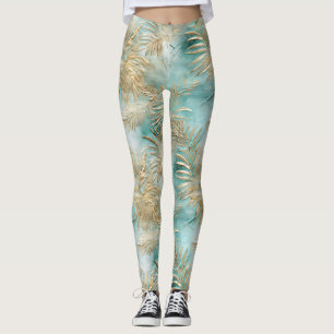 Gold Aqua White Tropical Leaves Leggings