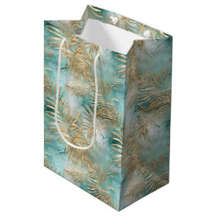 Gold Aqua White Tropical Leaves Medium Gift Bag