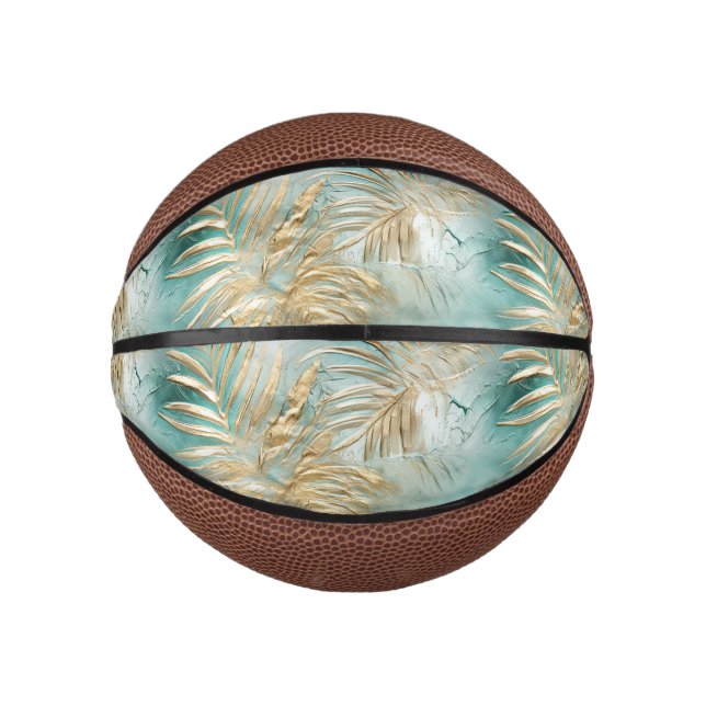 Gold Aqua White Tropical Leaves Mini Basketball (Front)