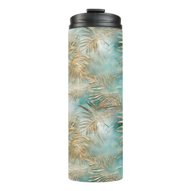 Gold Aqua White Tropical Leaves Thermal Tumbler (Front)
